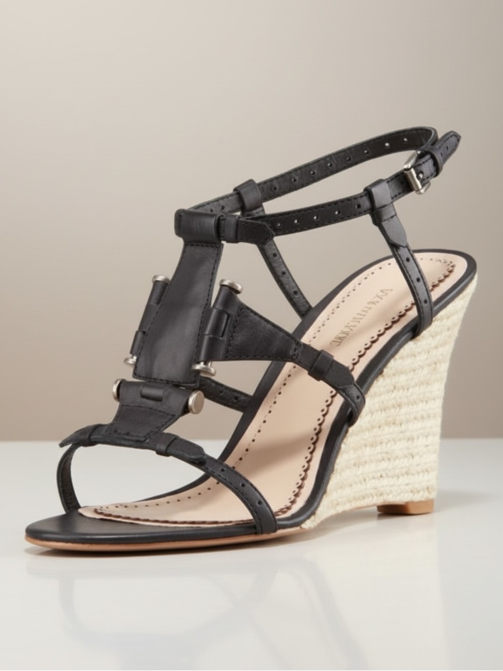 Pour La Victoire Betsy Black Leather Espadrille Wedge Sandals Size 6